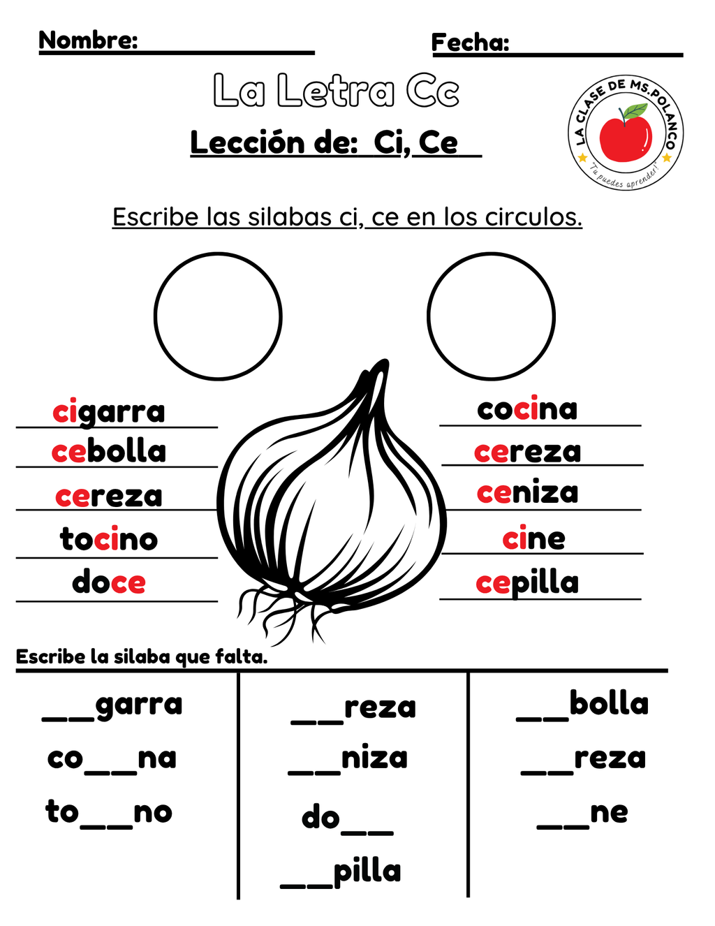 Spanish Phonics Worksheets PDF – Letter Cc (Soft C) | ce ci Activities | Spanish Reading & Writing for Kids (K–3)