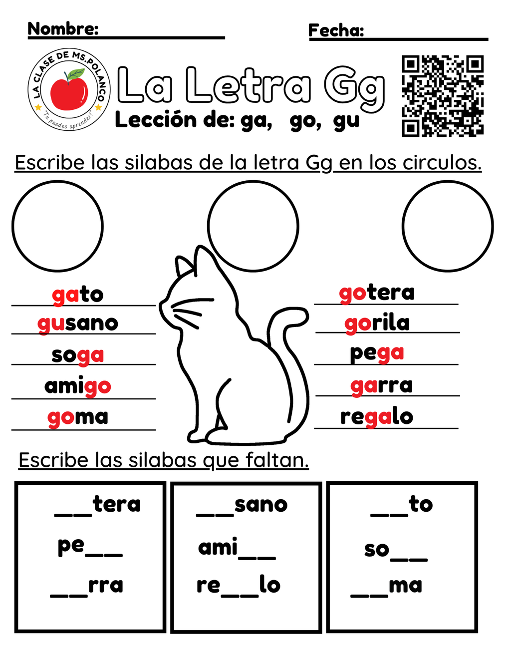 Spanish Phonics Worksheets PDF – Letter Gg | ga go gu Activities | Spanish Reading & Writing for Kids