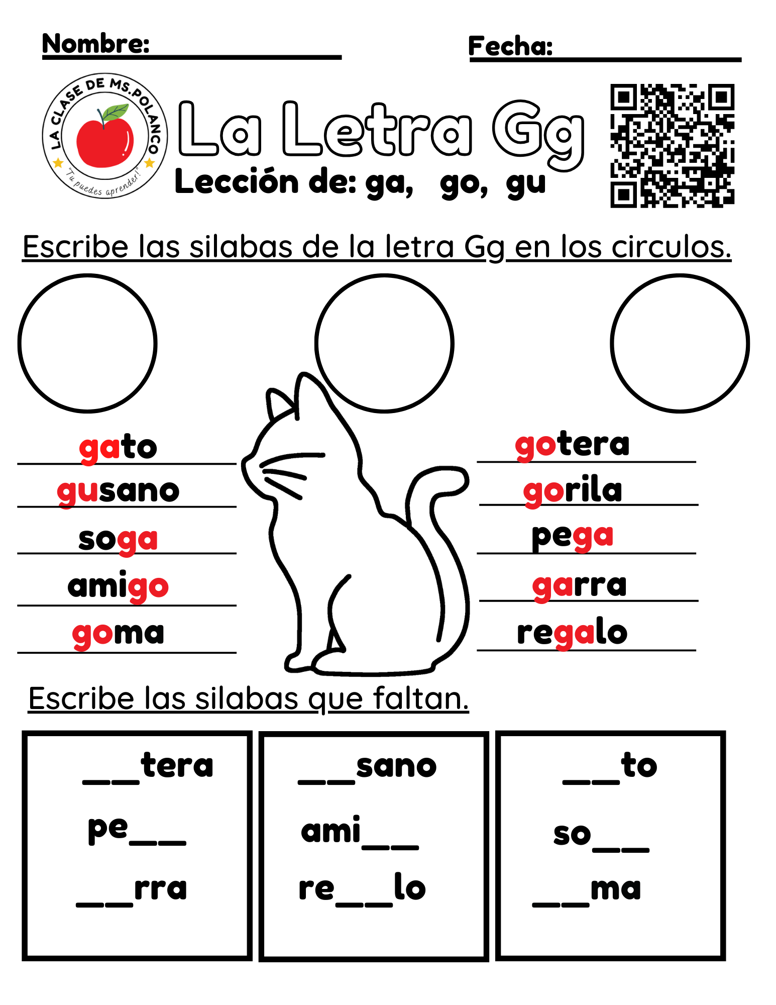 Spanish Phonics Worksheets PDF – Letter Gg | ga go gu Activities | Spanish Reading & Writing for Kids