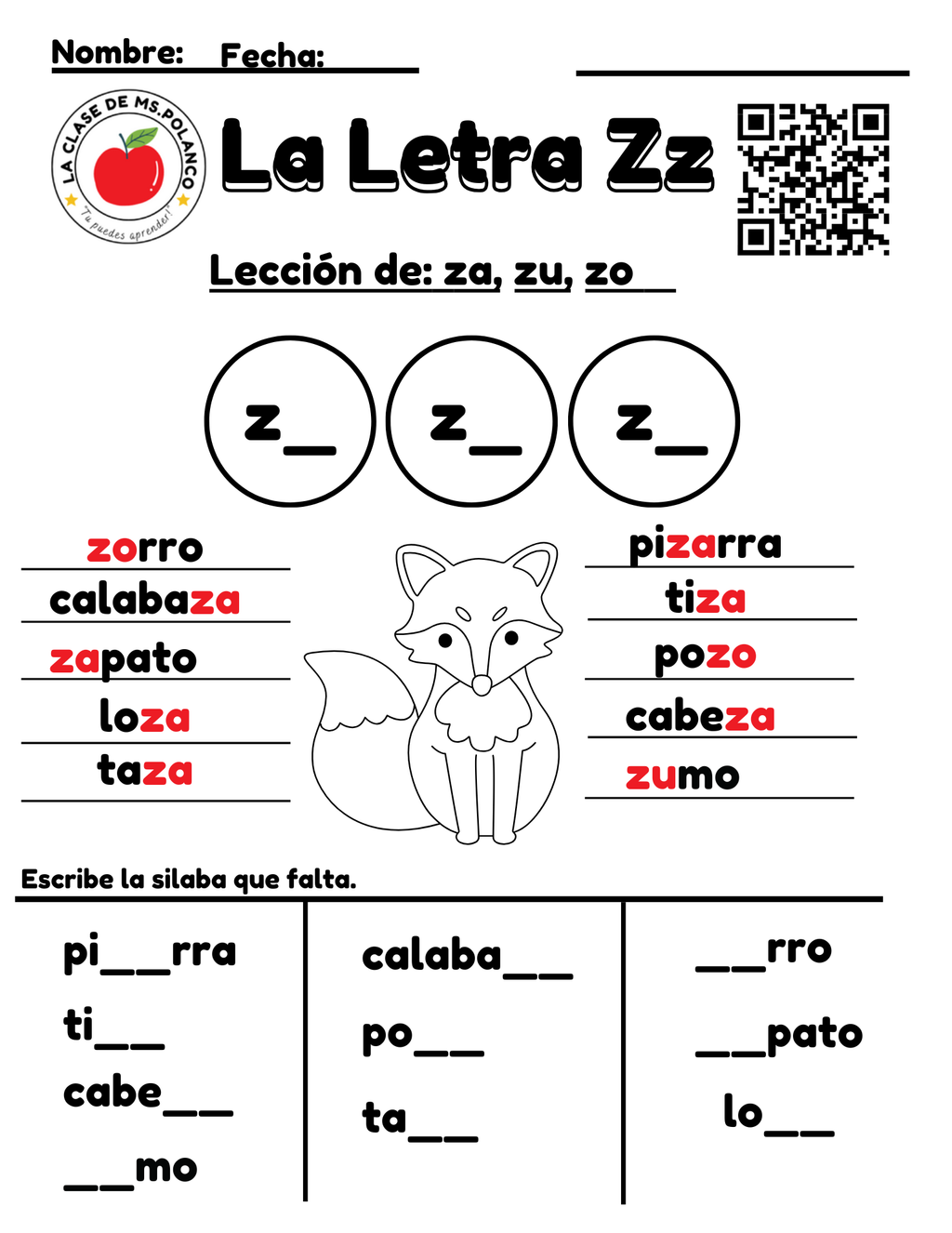 Spanish Phonics Worksheet Letter Z (za ze zi zo zu) PDF | Mi Silabario Reading Activity for Kids