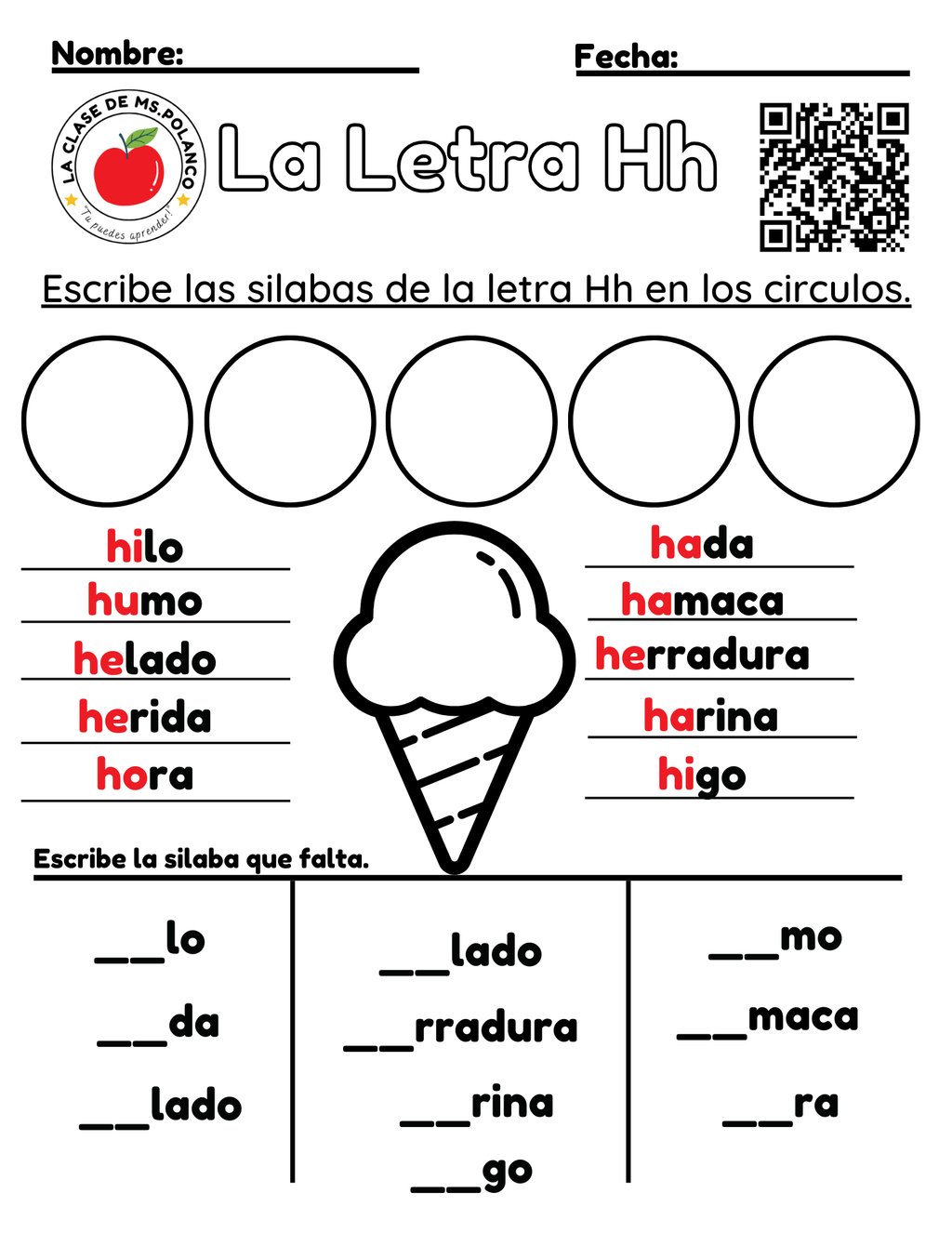 Spanish Phonics Worksheets PDF – Letter Hh | ha he hi ho hu Activities | Spanish Reading & Writing for Kids (K–3)