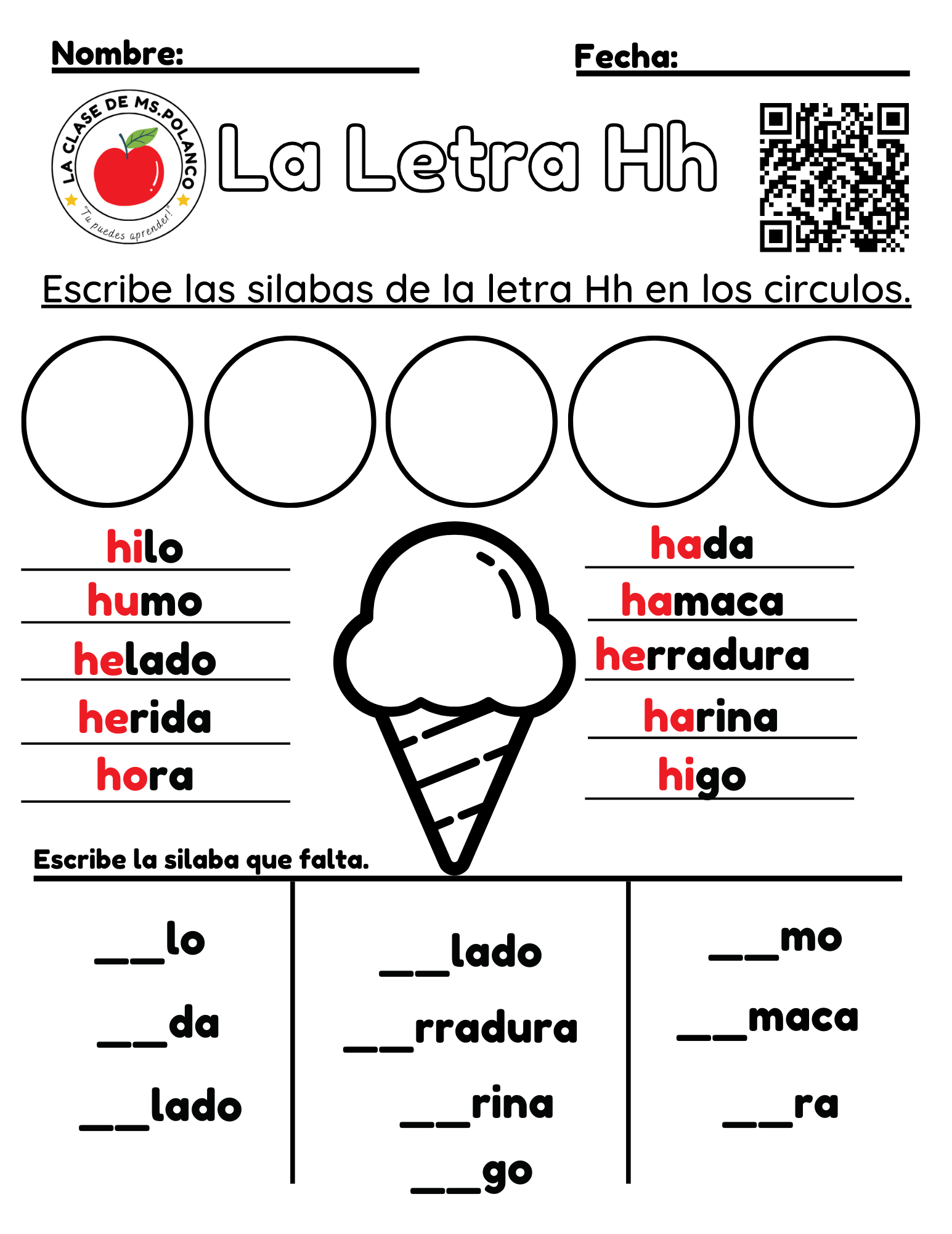 Spanish Phonics Worksheets PDF – Letter Hh | ha he hi ho hu Activities | Spanish Reading & Writing for Kids (K–3)