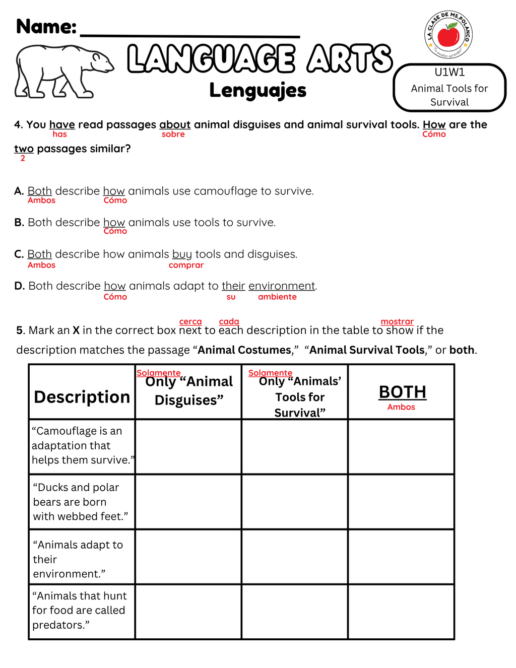 NJSLA Reading Comprehension Worksheet Benchmark Grade 3 Unit 1 Week 1 Day 2 | Animal Survival Tools Informational Text | Part A Part B Writing ELA Activity Bilingual English Spanish
