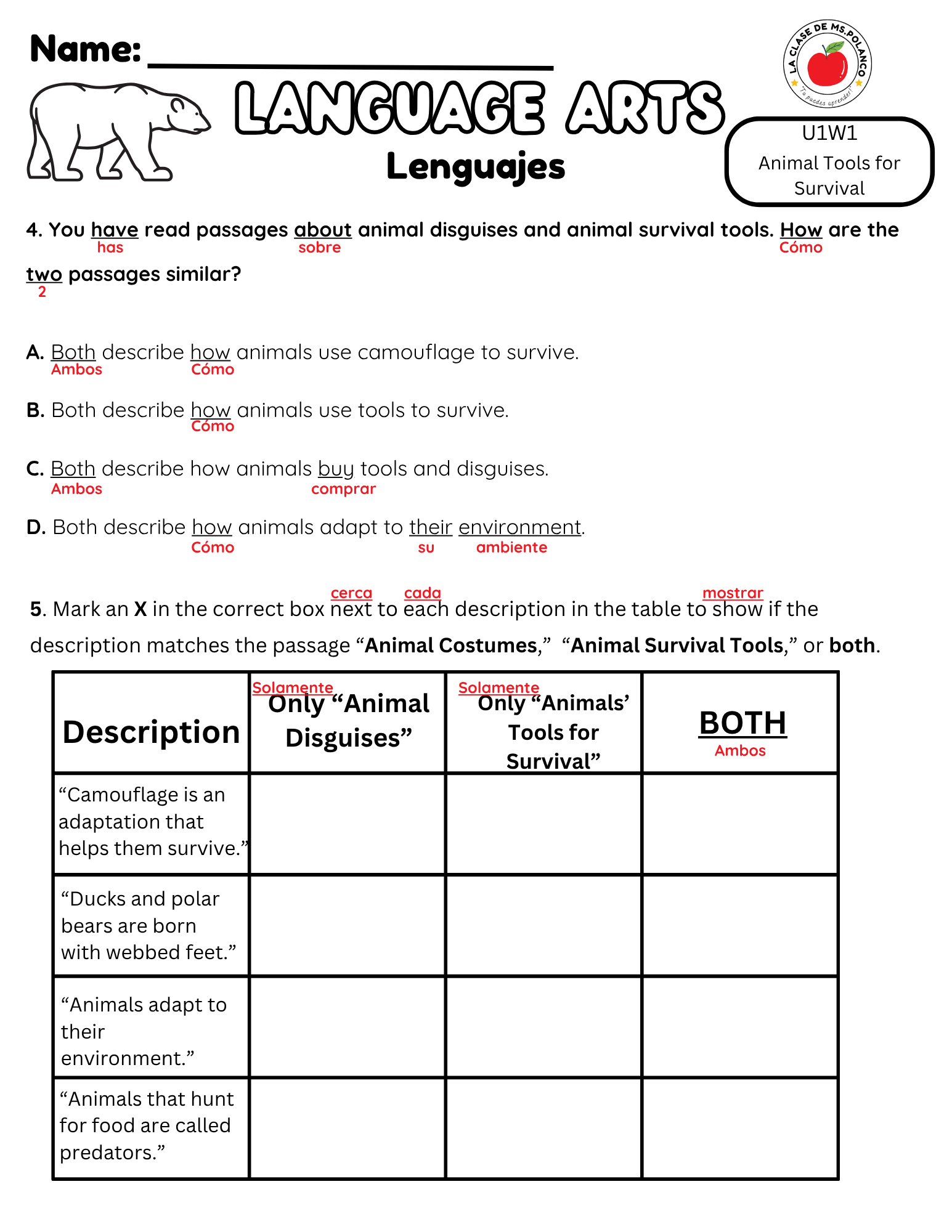 NJSLA Reading Comprehension Worksheet Benchmark Grade 3 Unit 1 Week 1 Day 2 | Animal Survival Tools Informational Text | Part A Part B Writing ELA Activity Bilingual English Spanish