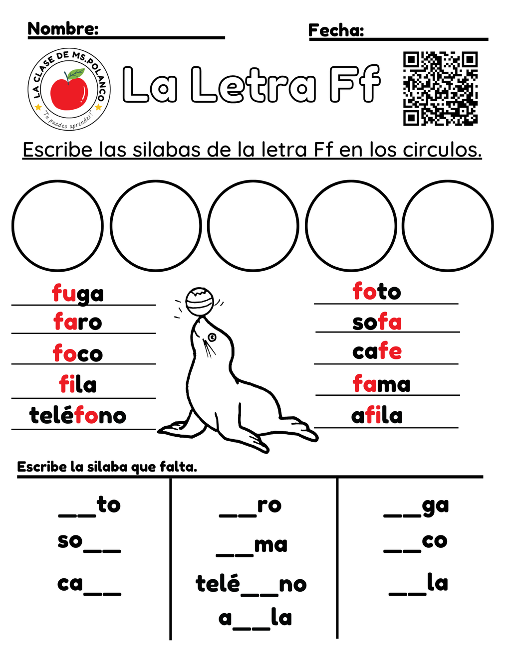 Spanish Phonics Worksheets PDF – Letter Ff | fa fe fi fo fu Activities | Spanish Reading & Writing for Kids (K–3)