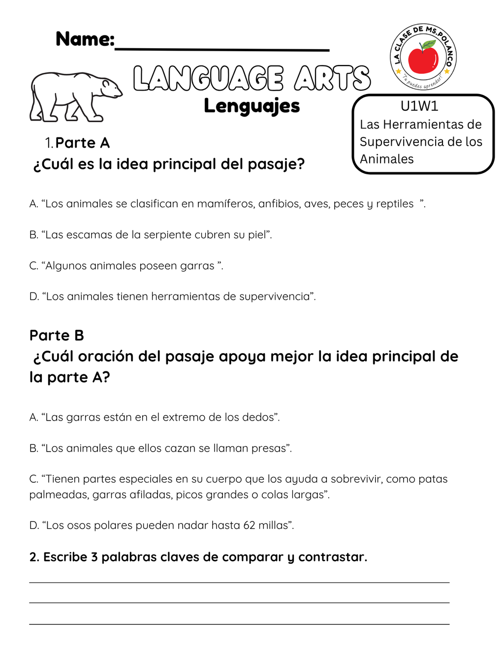 NJSLA Reading Comprehension Worksheet Benchmark Grade 3 Unit 1 Week 1 Day 2 | Animal Survival Tools Informational Text | Part A Part B Writing ELA Activity Bilingual English Spanish