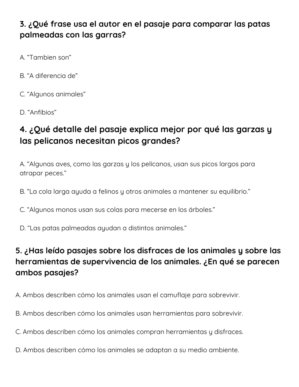 NJSLA Reading Comprehension Worksheet Benchmark Grade 3 Unit 1 Week 1 Day 2 | Animal Survival Tools Informational Text | Part A Part B Writing ELA Activity Bilingual English Spanish