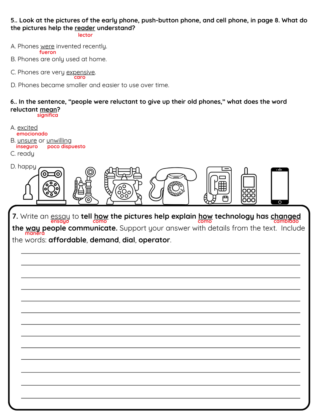 NJSLA Reading Comprehension Worksheet Benchmark Unit 5 Week 1 Day 2 | Informational Text Technology Changes Communication | Writing Response ELA Test Prep | Bilingual English Spanish