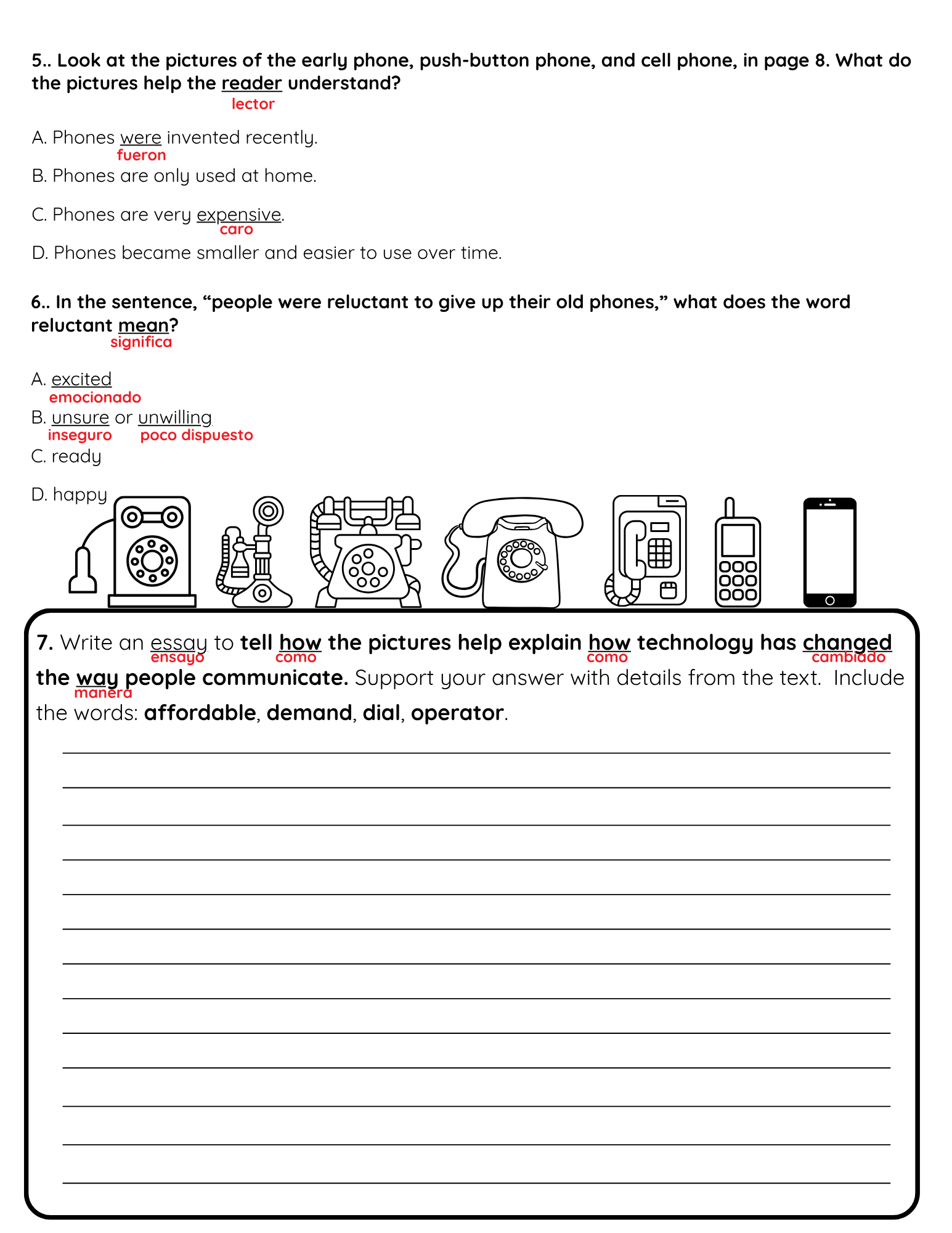 NJSLA Reading Comprehension Worksheet Benchmark Unit 5 Week 1 Day 2 | Informational Text Technology Changes Communication | Writing Response ELA Test Prep | Bilingual English Spanish