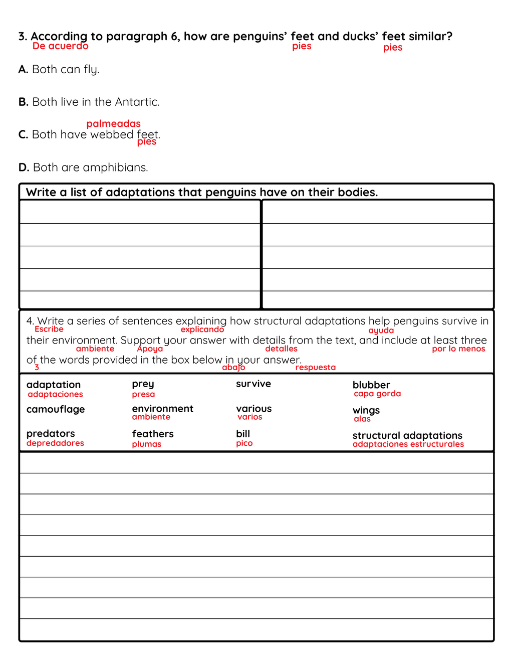 NJSLA Reading Comprehension Worksheet Benchmark Grade 3 Unit 1 Week 3 Day 1 | Penguin Adaptations Informational Text | Part A Part B Writing ELA Activity Bilingual English Spanish