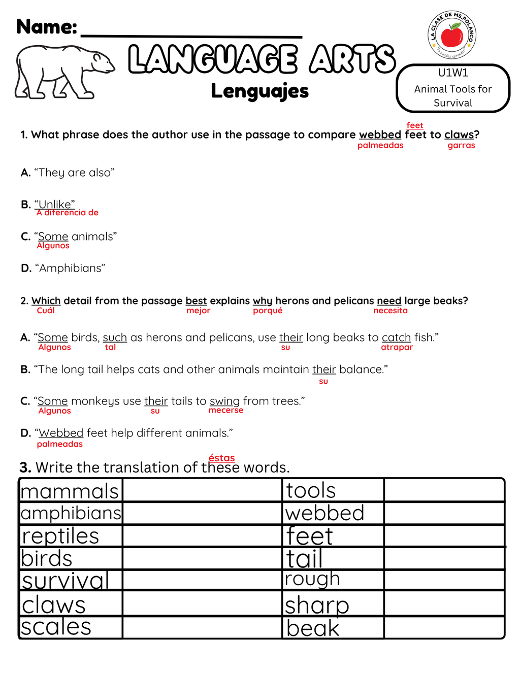 NJSLA Reading Comprehension Worksheet Benchmark Grade 3 Unit 1 Week 1 Day 2 | Animal Survival Tools Informational Text | Part A Part B Writing ELA Activity Bilingual English Spanish