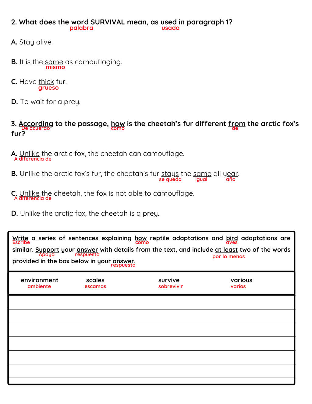 NJSLA Reading Comprehension Worksheet Benchmark Grade 3 Unit 1 Week 2 Day 1 | Animal Body Coverings Informational Text | Part A Part B Writing ELA Activity Bilingual English Spanish