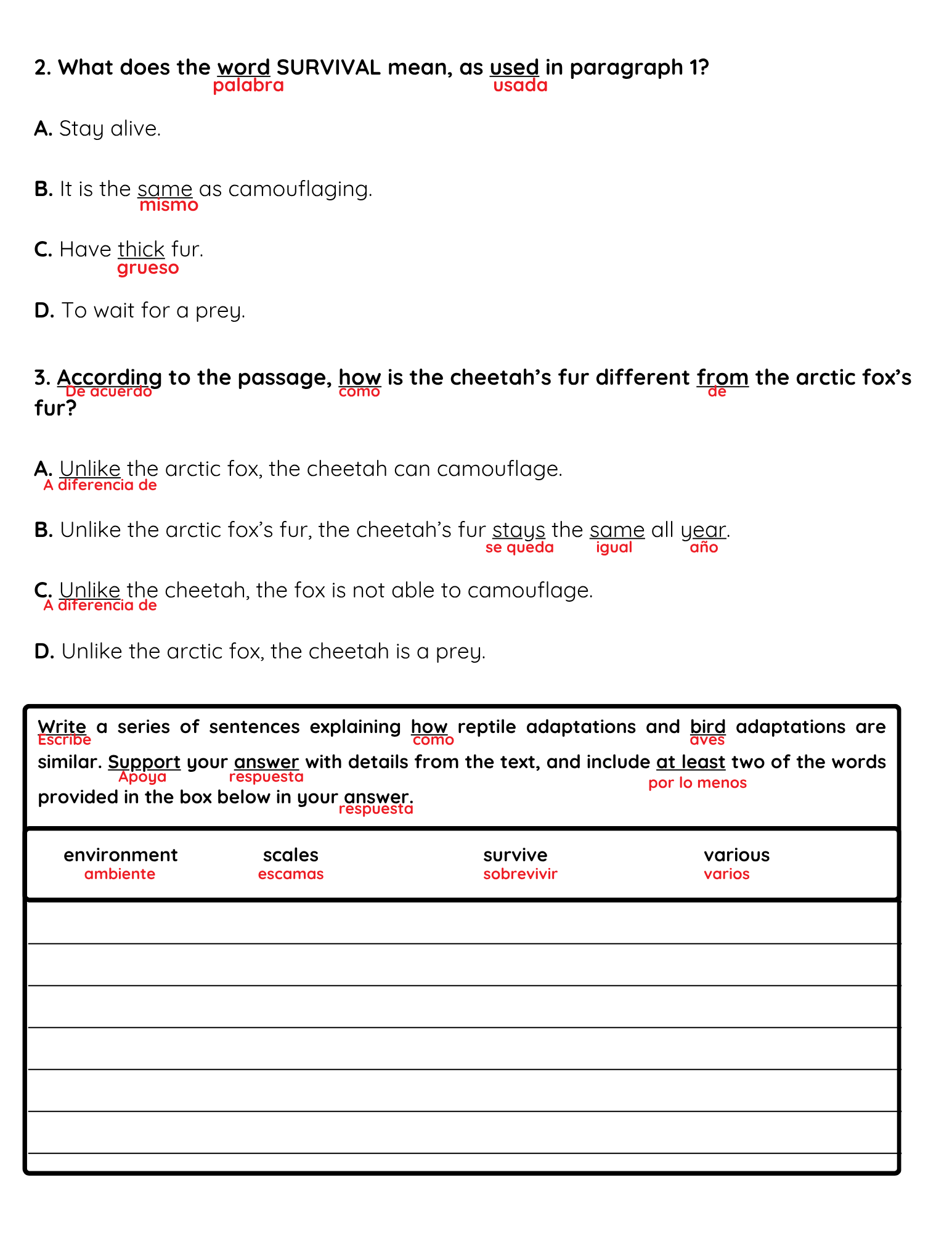 NJSLA Reading Comprehension Worksheet Benchmark Grade 3 Unit 1 Week 2 Day 1 | Animal Body Coverings Informational Text | Part A Part B Writing ELA Activity Bilingual English Spanish