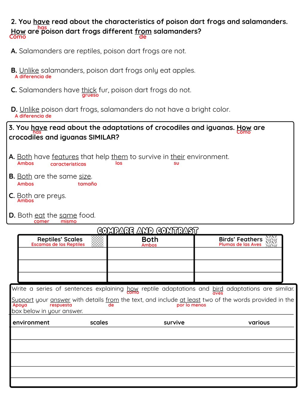 NJSLA Reading Comprehension Worksheet Benchmark Grade 3 Unit 1 Week 2 Day 2 | Compare and Contrast Animal Adaptations Informational Text | ELA Writing Activity Bilingual English Spanish