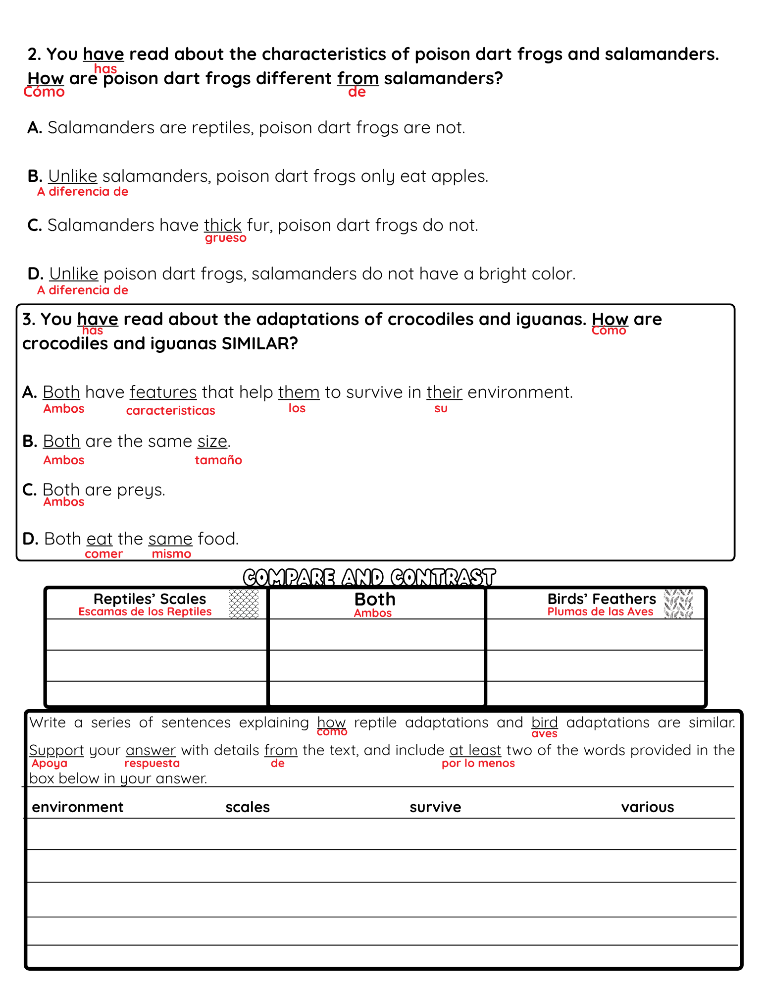 NJSLA Reading Comprehension Worksheet Benchmark Grade 3 Unit 1 Week 2 Day 2 | Compare and Contrast Animal Adaptations Informational Text | ELA Writing Activity Bilingual English Spanish