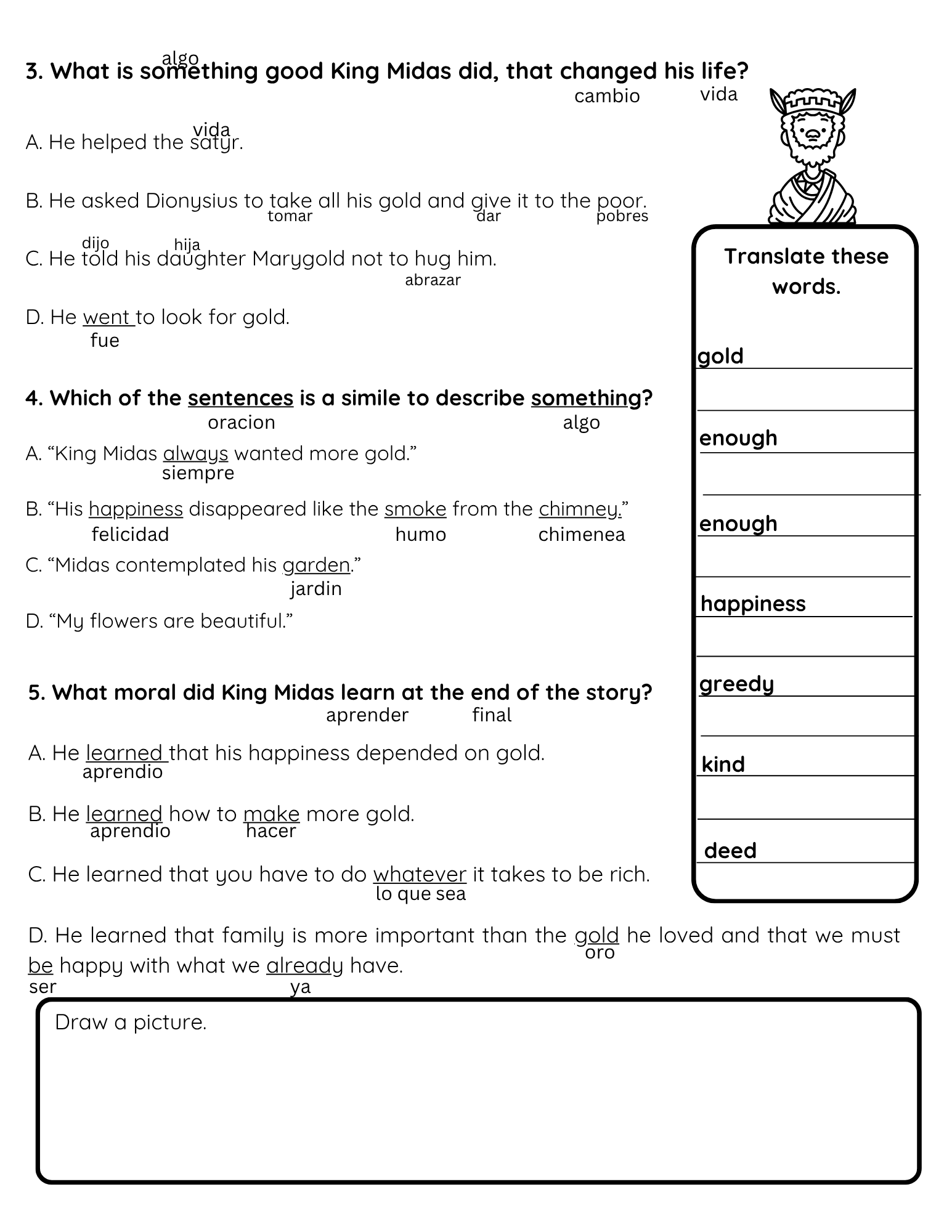 Bilingual Benchmark Unit 2 Week 2 King Midas Reading Comprehension - Betty & Bloom Press