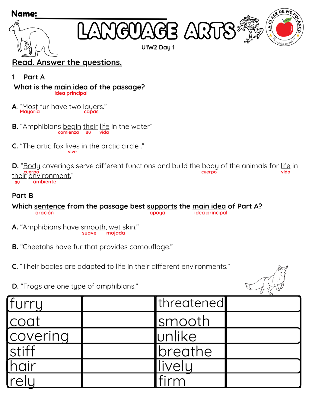 NJSLA Reading Comprehension Worksheet Benchmark Grade 3 Unit 1 Week 2 Day 1 | Animal Body Coverings Informational Text | Part A Part B Writing ELA Activity Bilingual English Spanish