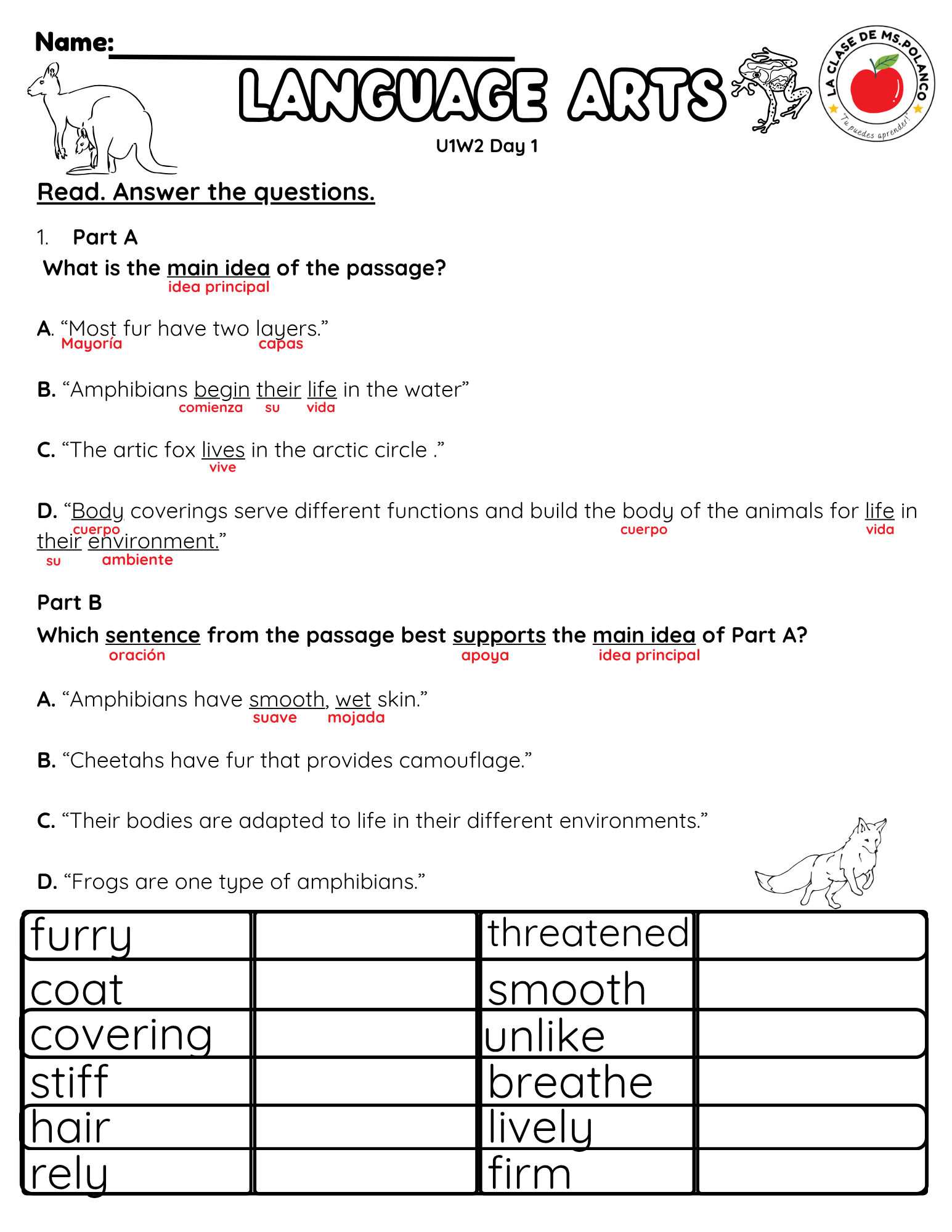 NJSLA Reading Comprehension Worksheet Benchmark Grade 3 Unit 1 Week 2 Day 1 | Animal Body Coverings Informational Text | Part A Part B Writing ELA Activity Bilingual English Spanish