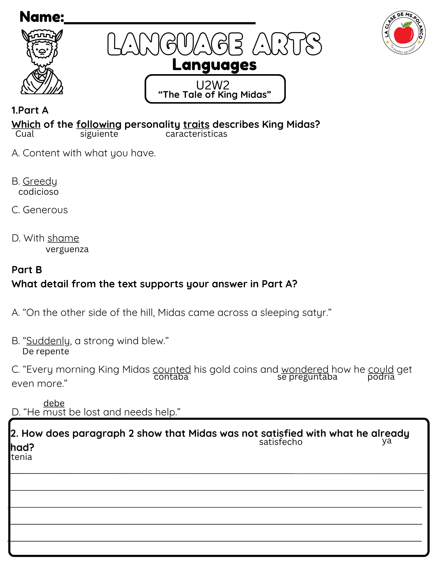Bilingual Benchmark Unit 2 Week 2 King Midas Reading Comprehension - Betty & Bloom Press