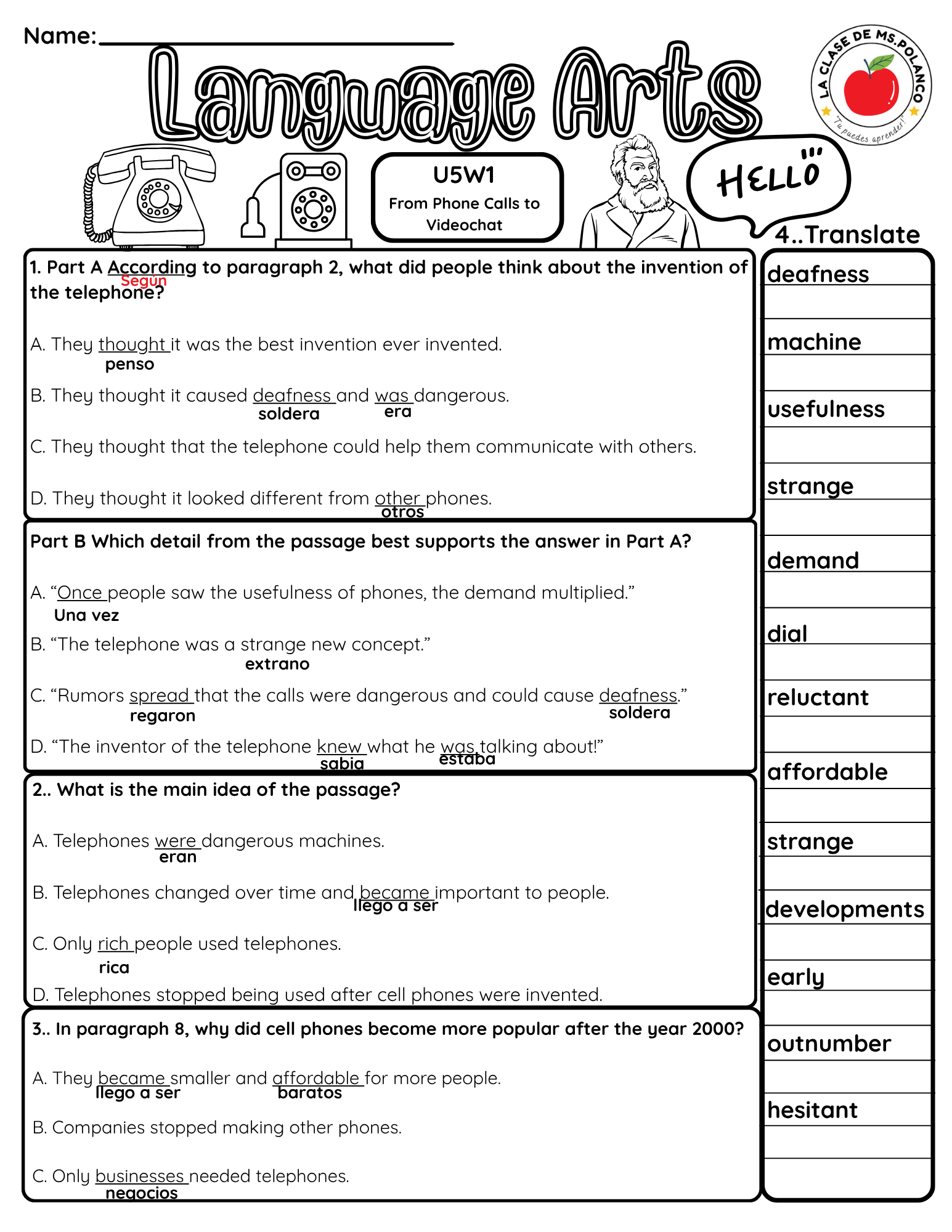 NJSLA Reading Comprehension Worksheet Benchmark Unit 5 Week 1 Day 2 | Informational Text Technology Changes Communication | Writing Response ELA Test Prep | Bilingual English Spanish