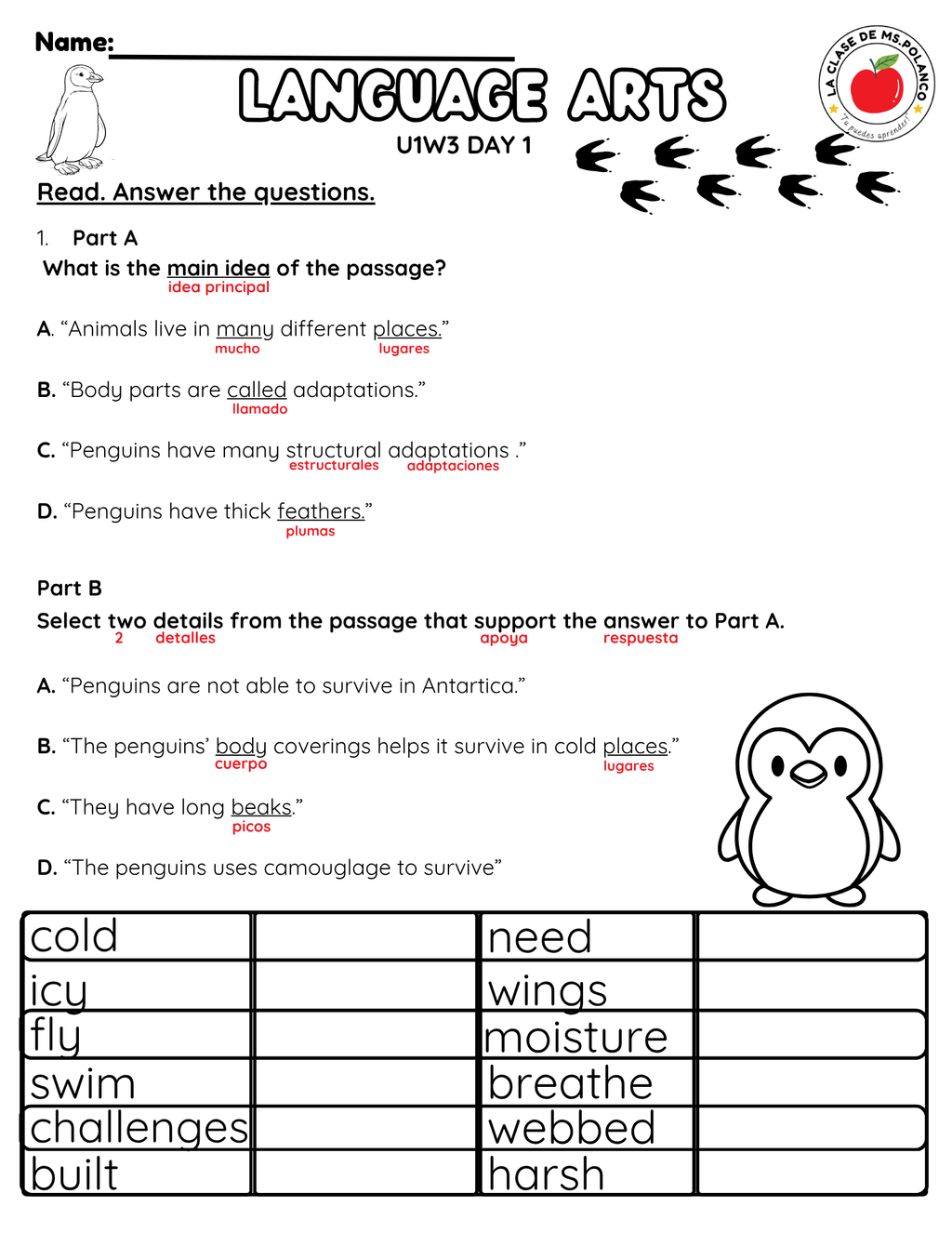 NJSLA Reading Comprehension Worksheet Benchmark Grade 3 Unit 1 Week 3 Day 1 | Penguin Adaptations Informational Text | Part A Part B Writing ELA Activity Bilingual English Spanish