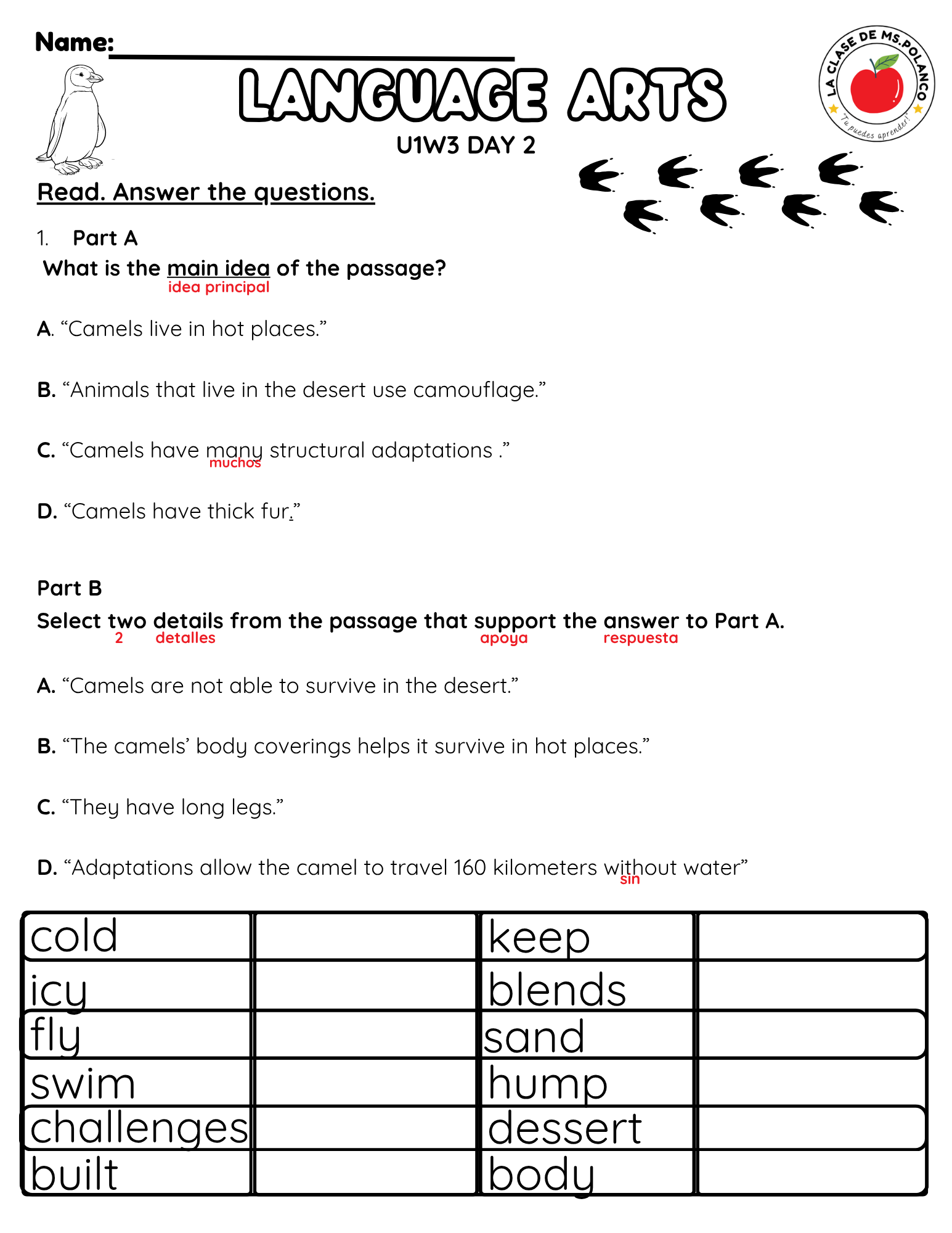 NJSLA Reading Comprehension Worksheet Benchmark Grade 3 Unit 1 Week 3 Day 2 | Camel Adaptations Informational Text | Part A Part B Writing ELA Activity Bilingual English Spanish