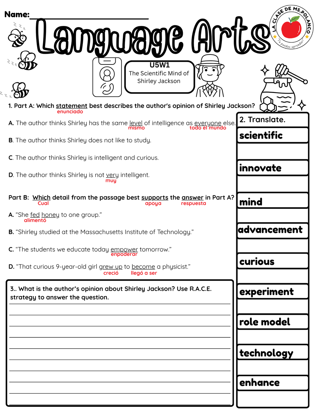 NJSLA Reading Comprehension Worksheet Benchmark Unit 5 Week 1 | Shirley Jackson Informational Text | RACE Writing Strategy | ELA Test Prep | Bilingual English Spanish