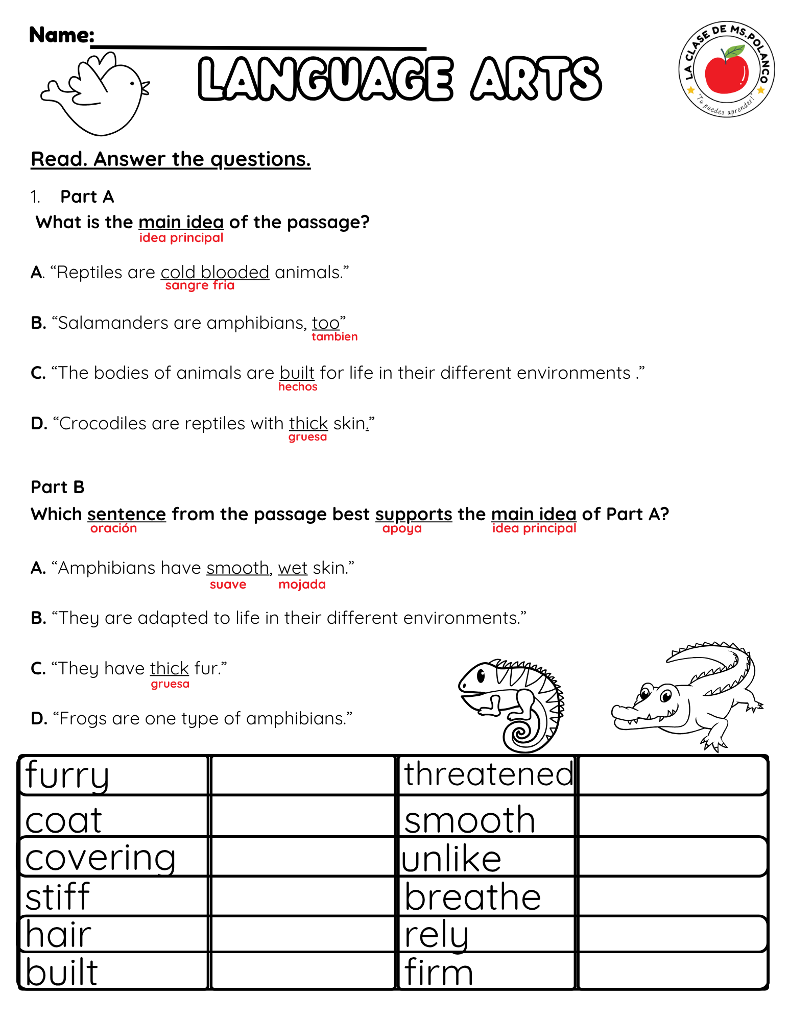 NJSLA Reading Comprehension Worksheet Benchmark Grade 3 Unit 1 Week 2 Day 2 | Compare and Contrast Animal Adaptations Informational Text | ELA Writing Activity Bilingual English Spanish
