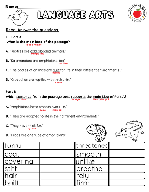 Bilingual reading worksheet Grade 3 compare and contrast animal adaptations informational text NJSLA aligned