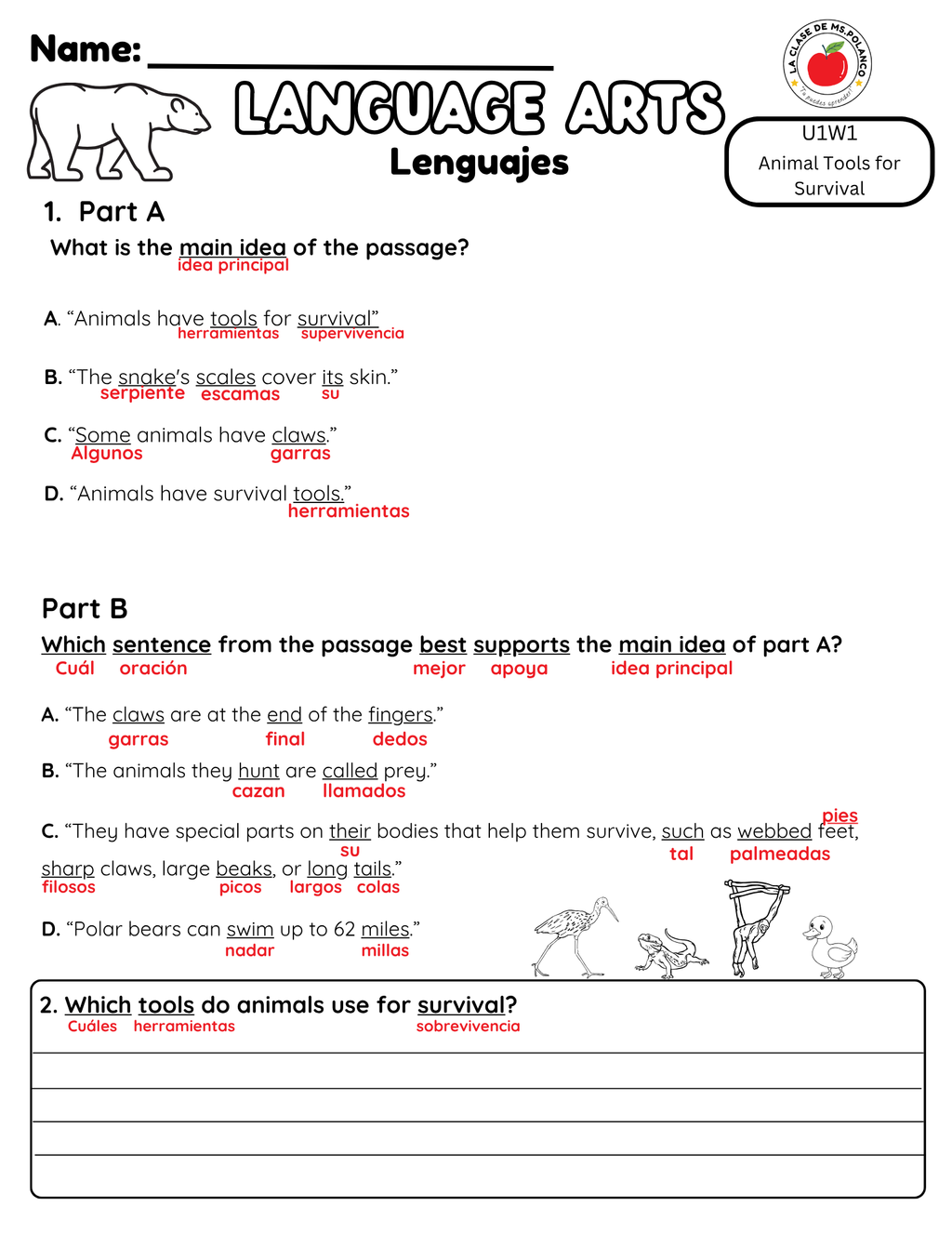 NJSLA Reading Comprehension Worksheet Benchmark Grade 3 Unit 1 Week 1 Day 2 | Animal Survival Tools Informational Text | Part A Part B Writing ELA Activity Bilingual English Spanish