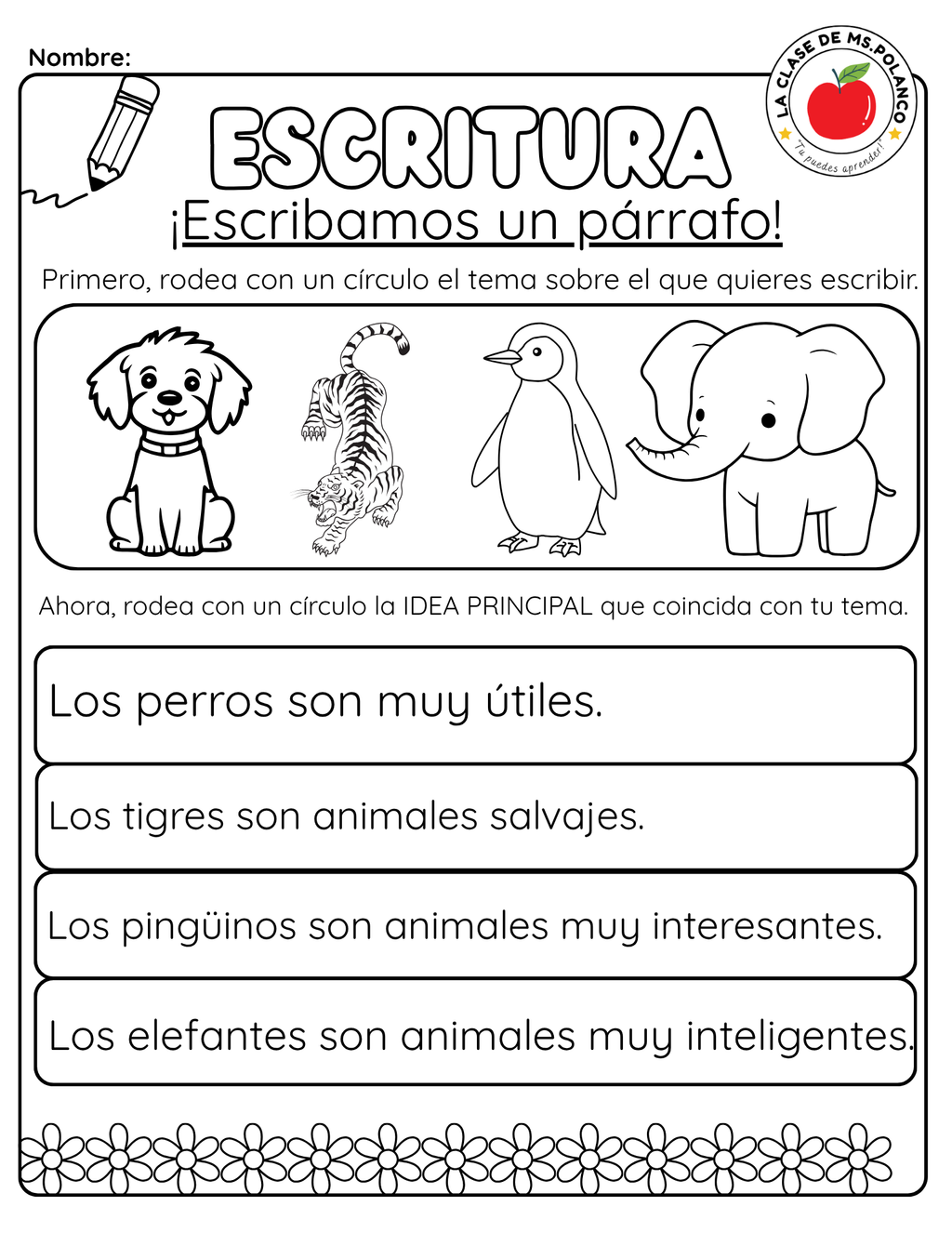 Bilingual Paragraph Writing Worksheets PDF | Main Idea & Supporting Details | Spanish & English Writing for Kids (K–3)