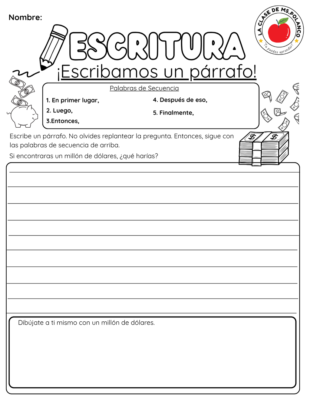 Bilingual Paragraph Writing Worksheet PDF for Kids | Sequence Words Writing Activity | Elementary English Spanish Writing Practice (K–3)