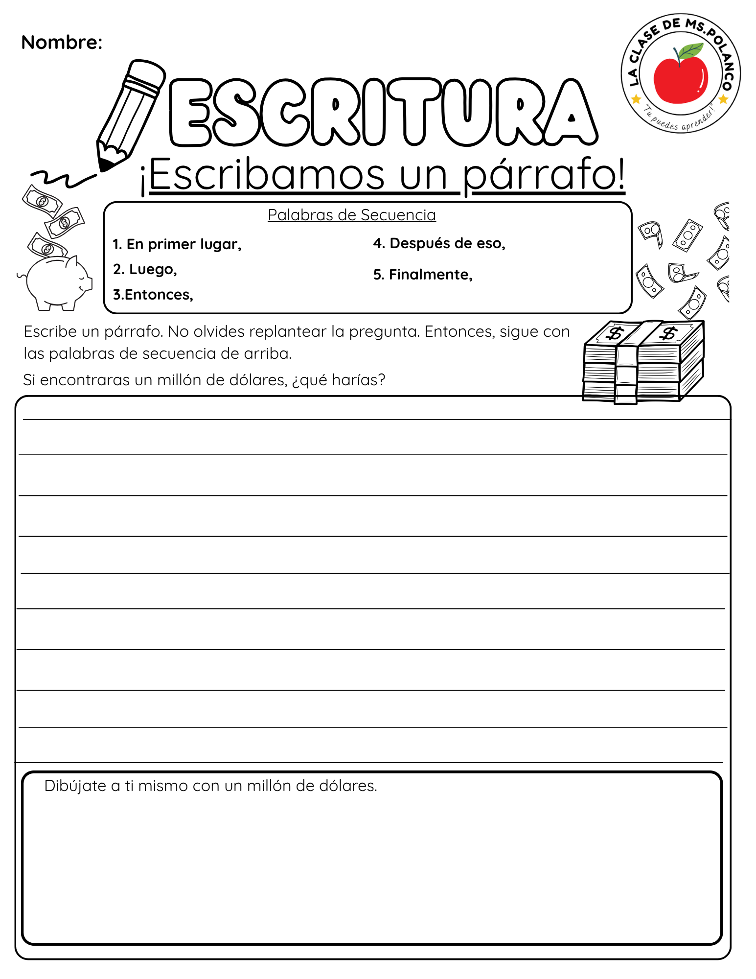 Bilingual Paragraph Writing Worksheet PDF for Kids | Sequence Words Writing Activity | Elementary English Spanish Writing Practice (K–3)