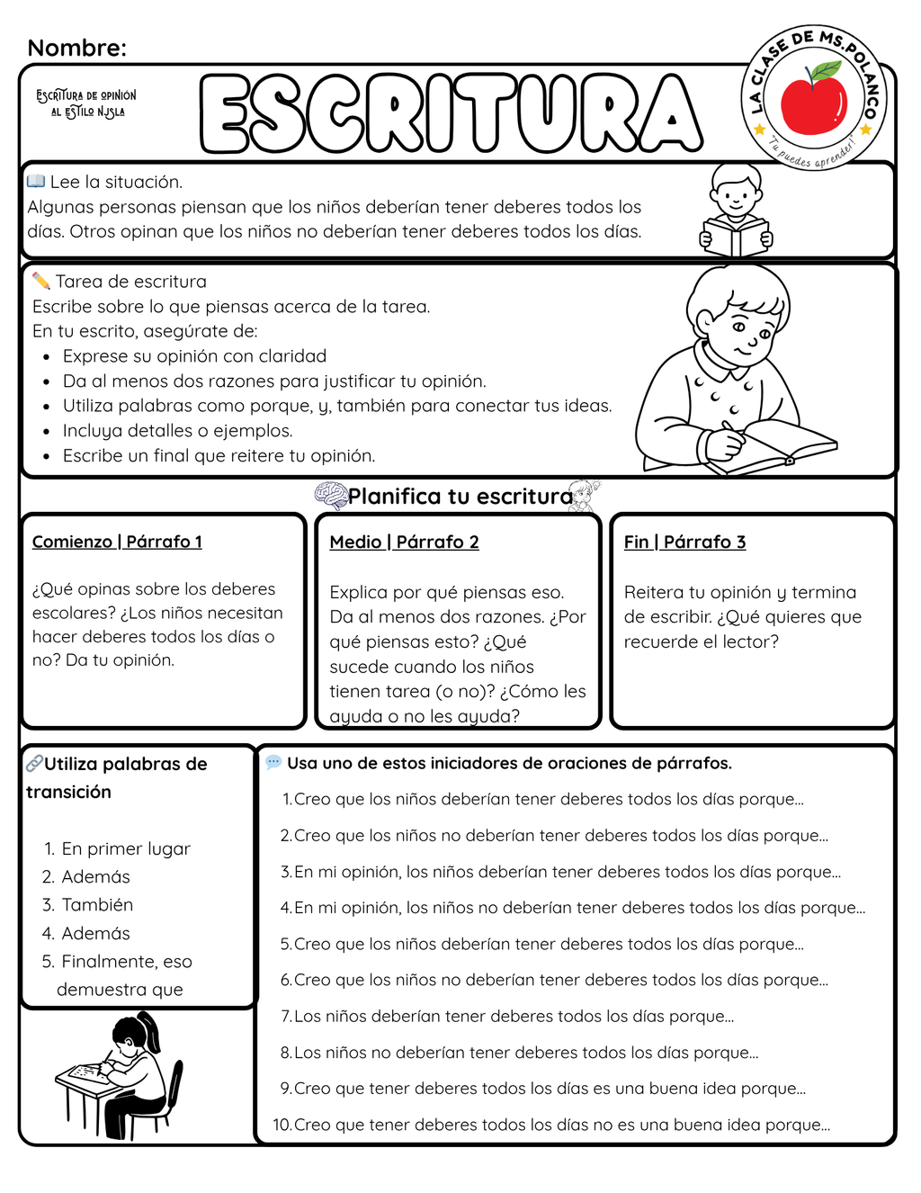 2nd 3rd 4th Grade Opinion Writing Worksheet NJSLA Style | Homework Debate Writing Prompt | Printable ELA Writing Activity | Bilingual English Spanish