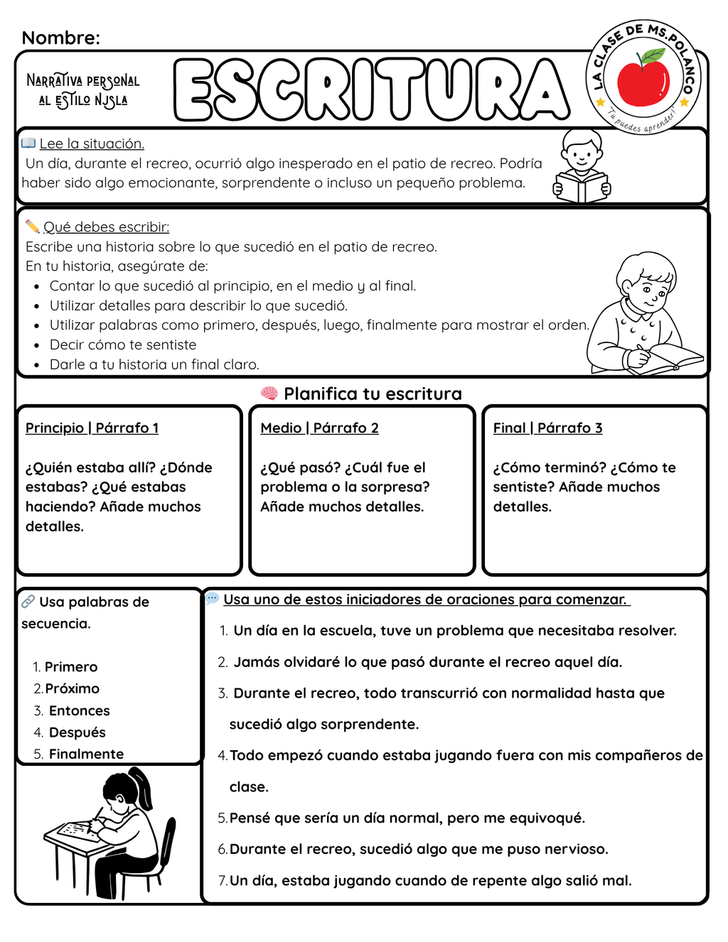Bilingual Personal Narrative Writing Worksheet | NJSLA Style | Grades 2–3 | English & Spanish Recess Story Activity