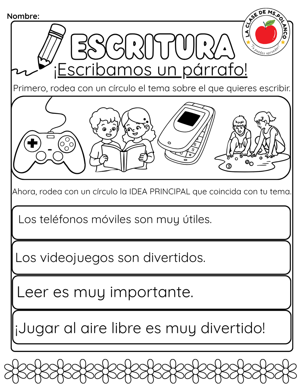 Bilingual Paragraph Writing Worksheet PDF | Main Idea and Supporting Details | Elementary Writing Practice | English Spanish Writing Activity for Kids