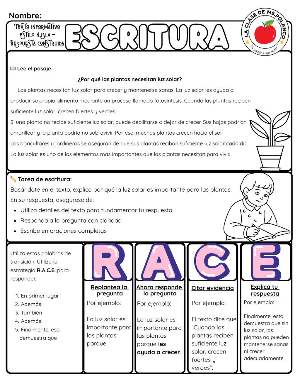 RACE Writing Strategy Worksheet | NJSLA Informational Text Reading Response | Constructed Response ELA Activity | Bilingual English Spanish